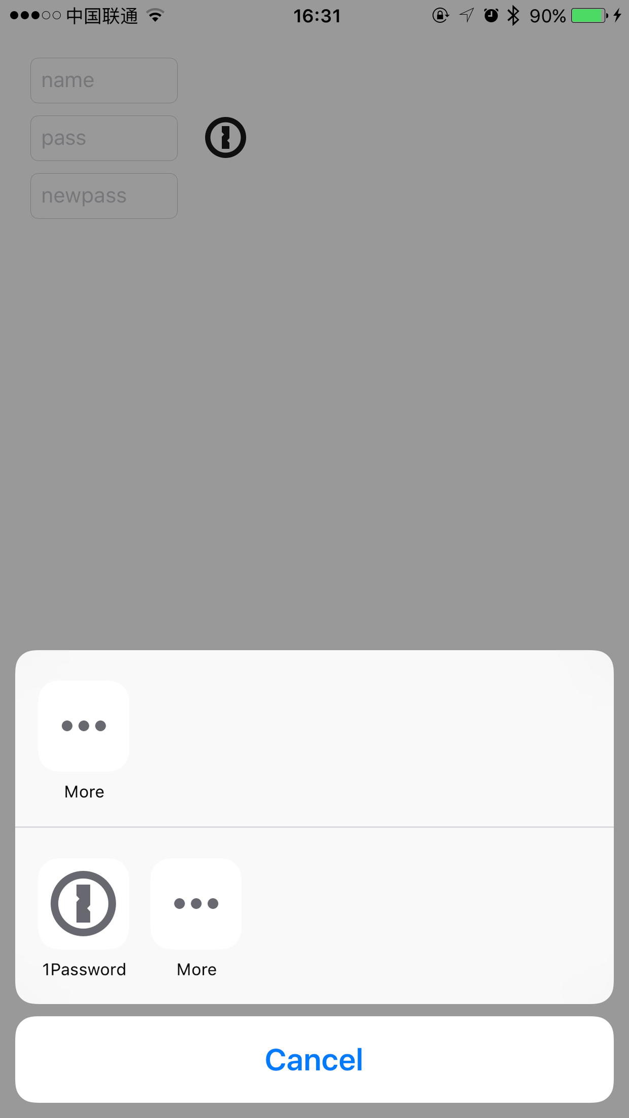 iOSApp支持1Password插件_ 弹出1Password选项,点击后就可以进入1Password