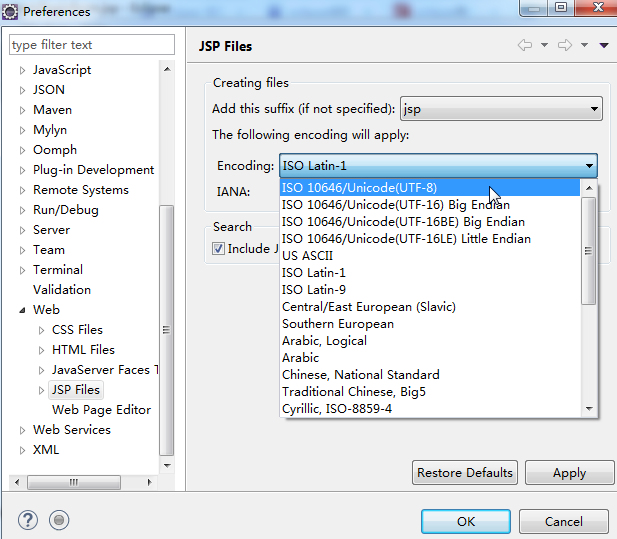 eclipse修改编码格式的方式_ 修改JSP文件的编码