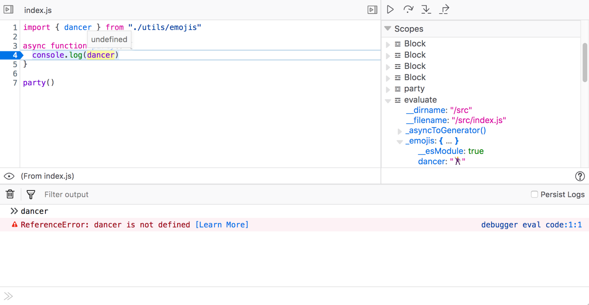 A view of the disconnect between the original code file and the generated code, which opens multiple scopes