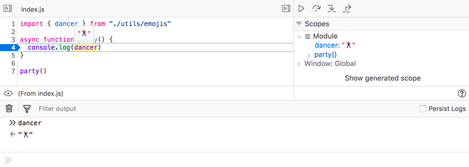 Now the panel displays the correct value of dancer, and the Scopes pane shows one scope