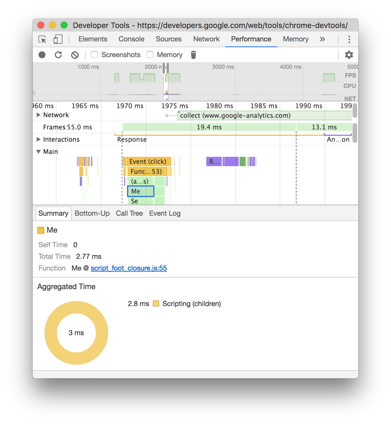 More information about a main thread event in the Summary tab
