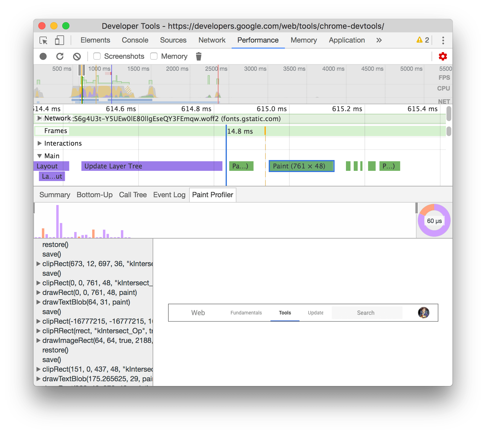 The Paint Profiler tab