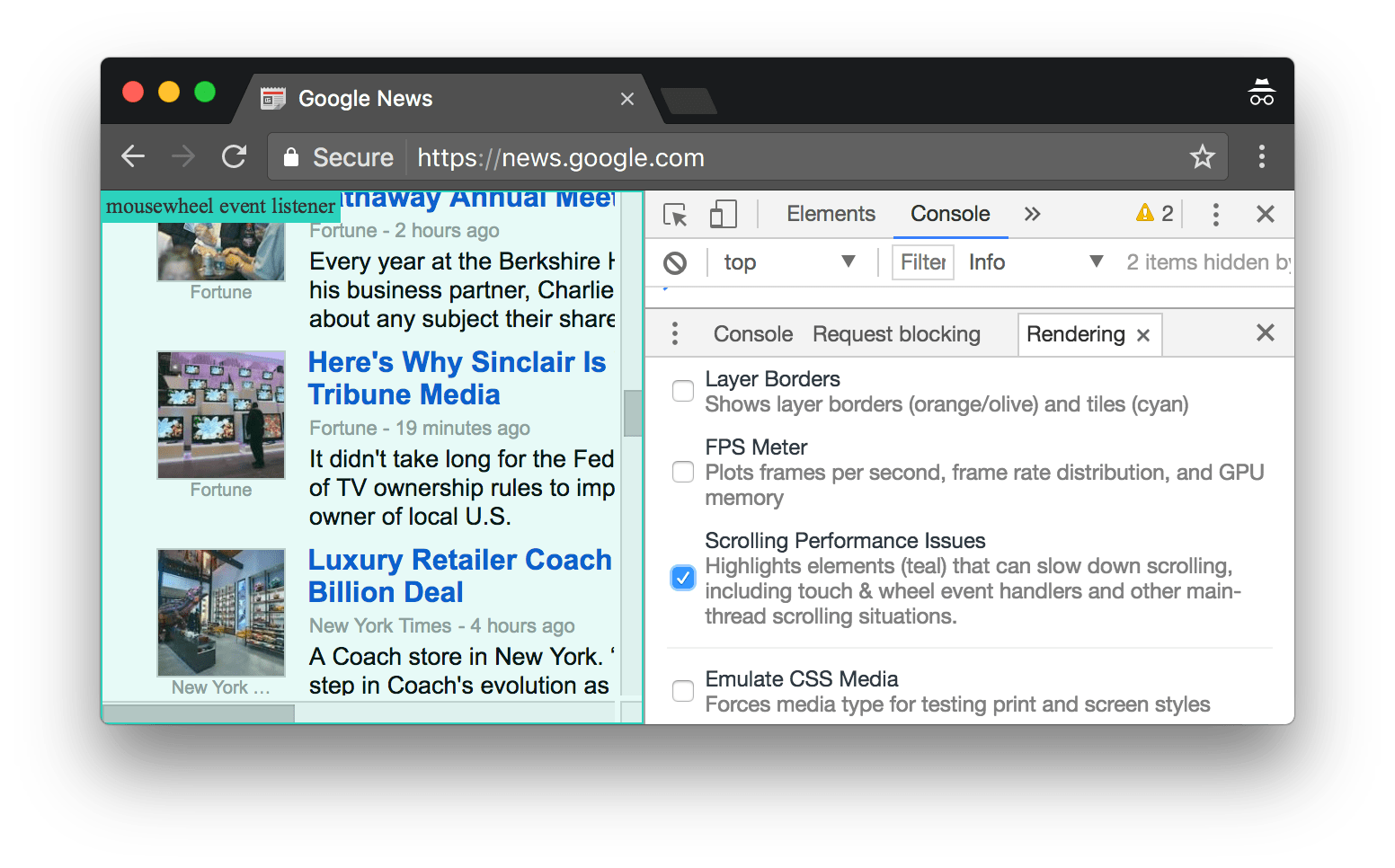Scrolling Performance Issues is indicating that there's a mousewheel event listener encompassing the entire viewport that may harm scroll performance