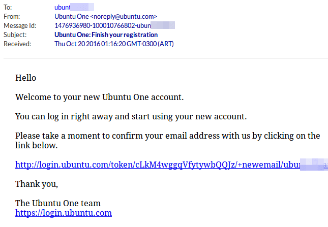 Ubuntu One 确认邮件