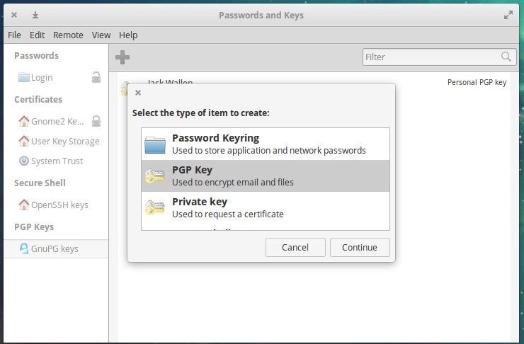 图 1:使用 Seahorse 创建一个 PGP 密钥。 图 1:使用 Seahorse 创建一个 PGP 密钥。
