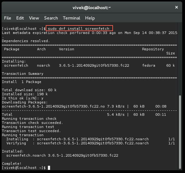 图四：在 Fedora 22 用 dnf 安装 screenfetch