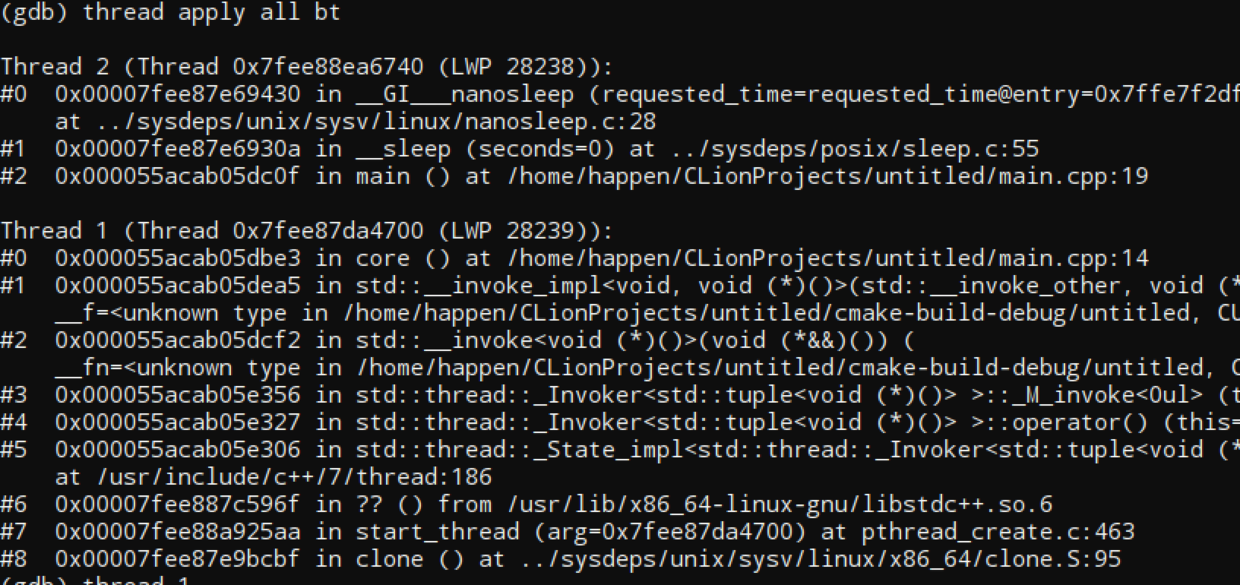 利用 thread apply all bt 显示详尽的堆栈信息