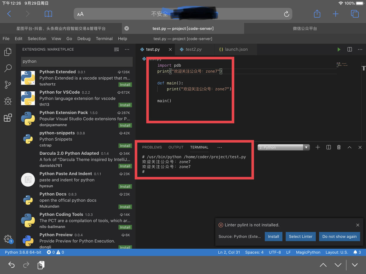 iPad Safari浏览器显示如图,并运行了 python 代码