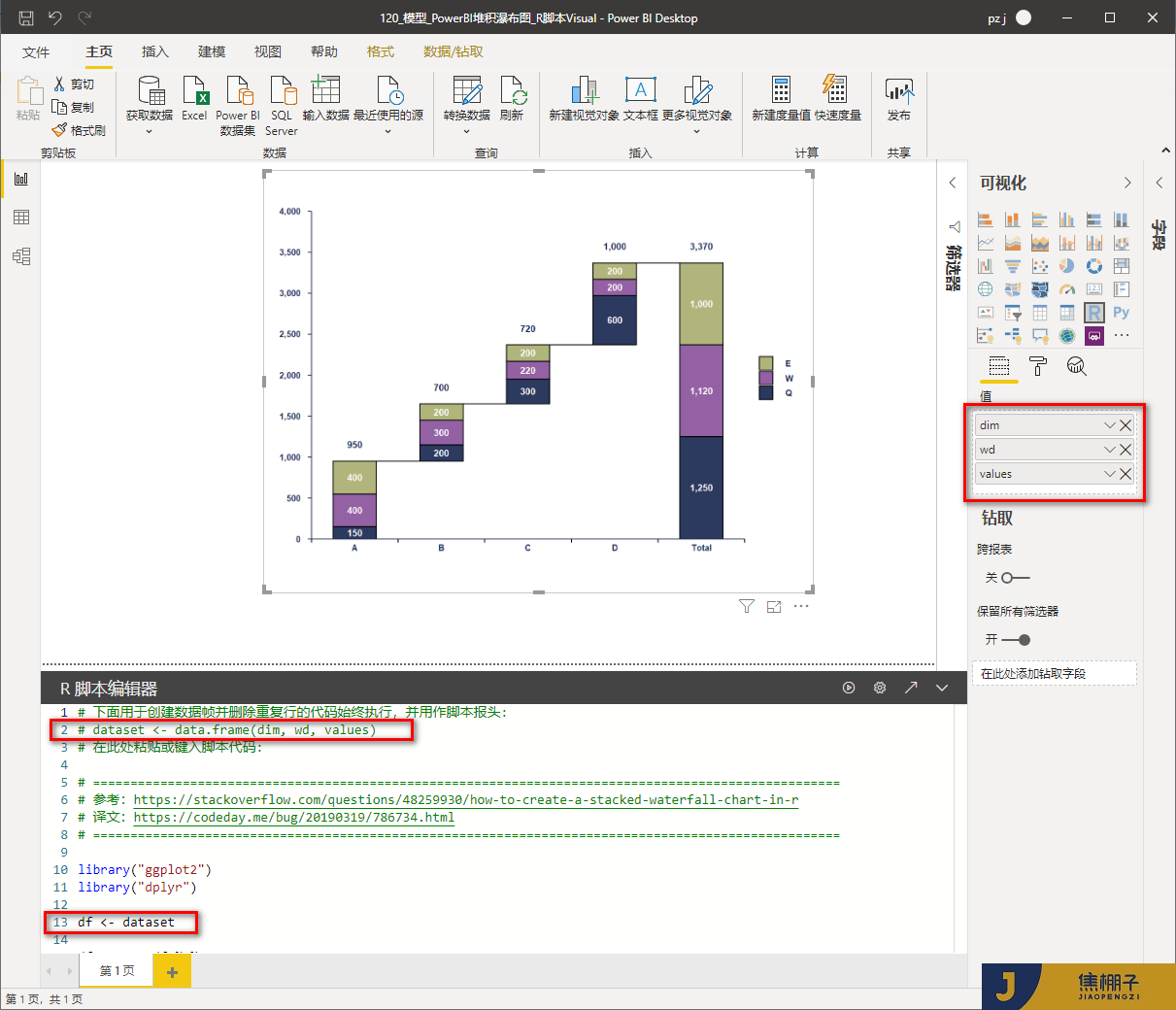 120_PowerBI堆积瀑布图_R脚本Visual