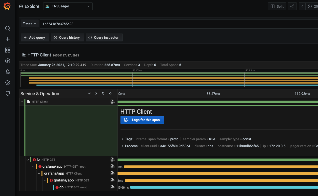 Screenshot of the trace view in Explore with icon next to the spans