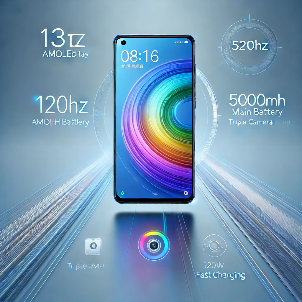 A promotional image showcasing the Xiaomi 13T Pro smartphone. The phone is centered with a sleek, modern design, featuring a large AMOLED display with vibrant colors and slim bezels. The background is minimalist with soft gradients in blue and silver, symbolizing speed and innovation. Around the phone, subtle icons represent key features like the 120Hz display, 5000mAh battery, triple camera setup (50MP main lens), and 120W fast charging. The phone screen shows a clean interface of MIUI 14. The image should have a clean, high-tech aesthetic.