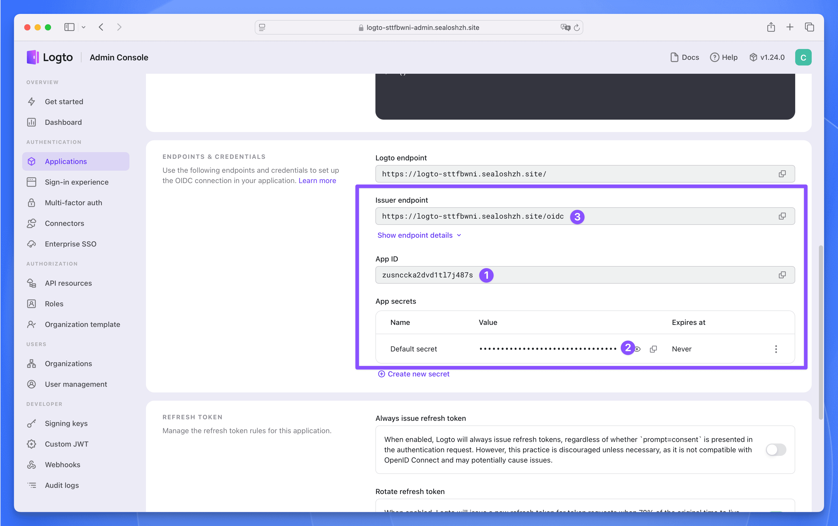 Logto 应用详情页面